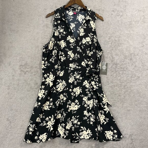 NEW Vince Camuto Mini Wrap Dress Womens XL Floral-Print Collared Rich Black - Picture 2 of 10